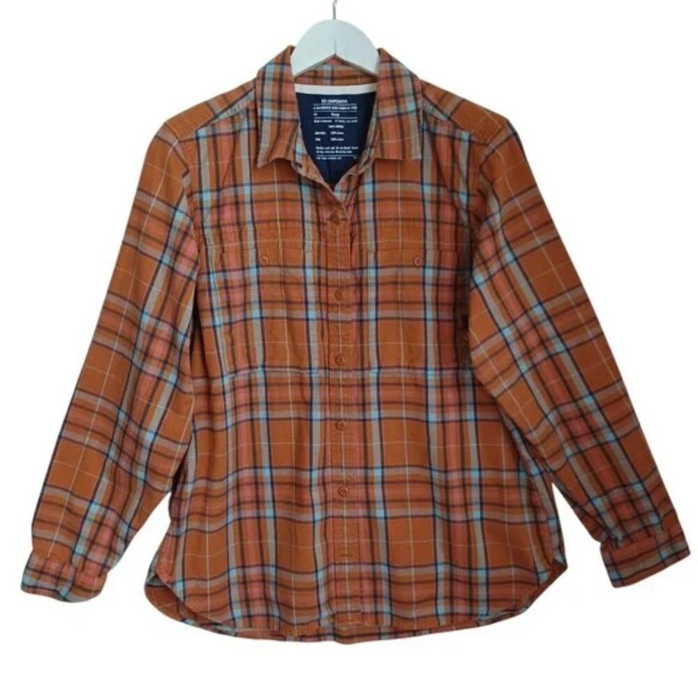 REI Wallace Lake orange rust plaid cotton flannel button down blouse top shirt